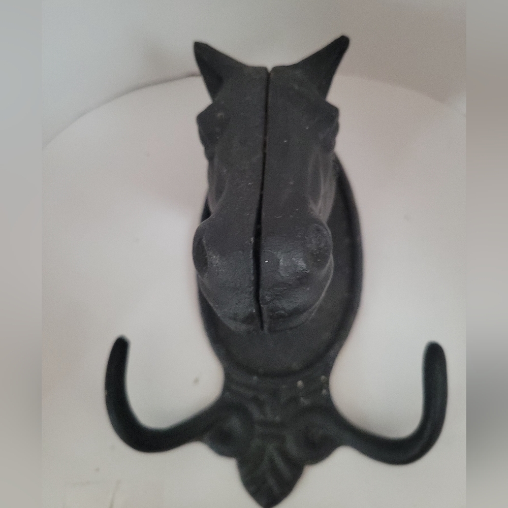 Cast Iron Black Horse Head Double Coat Hook Very Heavy Rustic Farmhouse